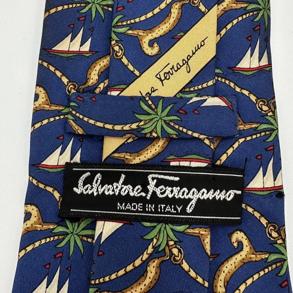 Salvatore Ferragamo Mens Silk Tie Blue Nautical Palm Tree Sailboat Made in Italy